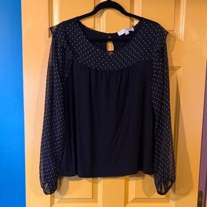 LOFT Black Blouse with Sheer Polka Dot Sleeves